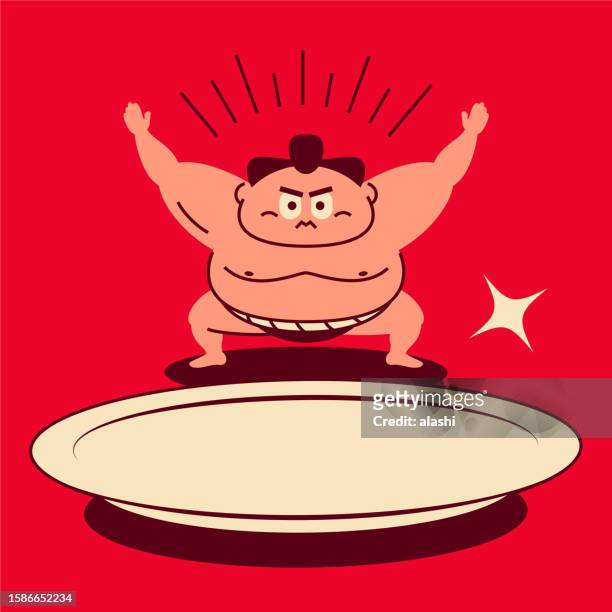 a sumo wrestler crouching, arms raised, showing a big empty plate - national diet of japan stock illustrations