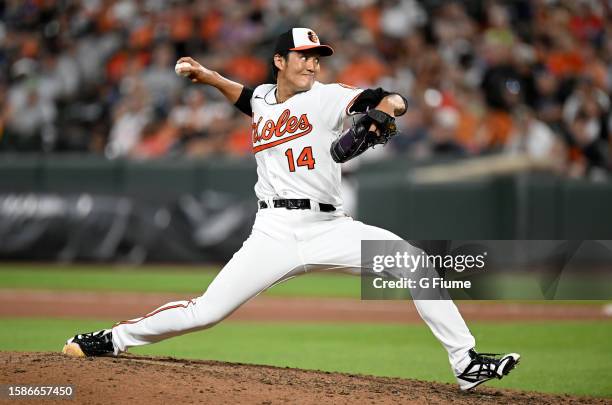 Shintaro Fujinami of the Baltimore Orioles bats against the New York Yankees at Oriole Park at Camden Yards on July 30, 2023 in Baltimore, Maryland.