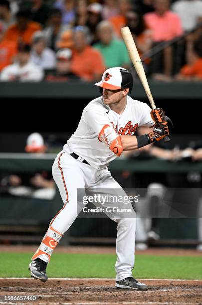 Ryan O'Hearn of the Baltimore Orioles bats against the New York Yankees at Oriole Park at Camden Yards on July 30, 2023 in Baltimore, Maryland.