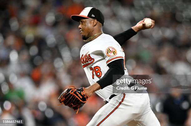 Yennier Cano of the Baltimore Orioles pitches against the New York Yankees at Oriole Park at Camden Yards on July 30, 2023 in Baltimore, Maryland.