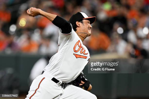 Shintaro Fujinami of the Baltimore Orioles bats against the New York Yankees at Oriole Park at Camden Yards on July 30, 2023 in Baltimore, Maryland.