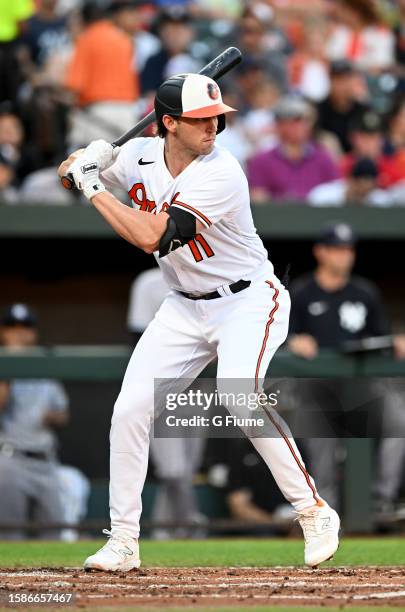 Jordan Westburg of the Baltimore Orioles bats against the New York Yankees at Oriole Park at Camden Yards on July 30, 2023 in Baltimore, Maryland.