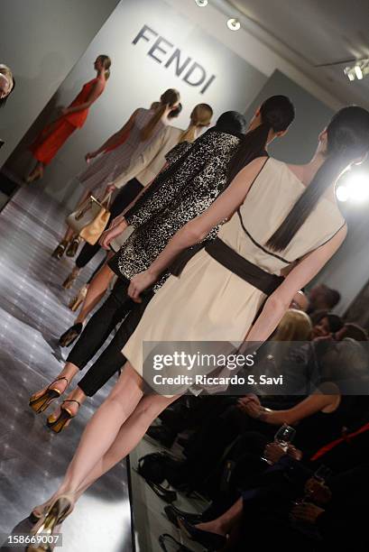 Models walk the runway at Fendi with Vogue and Angie Stewart, Carolyn Powers, Mona Look-Mazza And Richard Edwards host an exclusive celebration of...