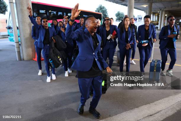Thembi Kgatlana of South Africa leads the team on at the stadium prior to the FIFA Women's World Cup Australia & New Zealand 2023 Group G match...