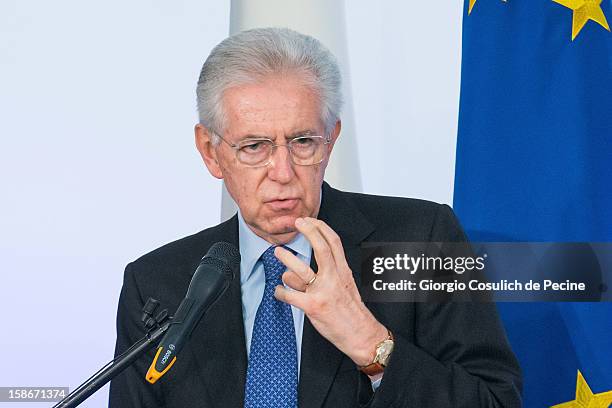 Italian Prime Minister Mario Monti gestures during his end of the year speech on December 23, 2012 in Rome, Italy. During the press conference...