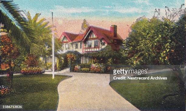 Vintage souvenir postcard published in circa 1921 from the Homes of Movie Stars Scenic Colored Miniatures series, depicting mansions and grand...