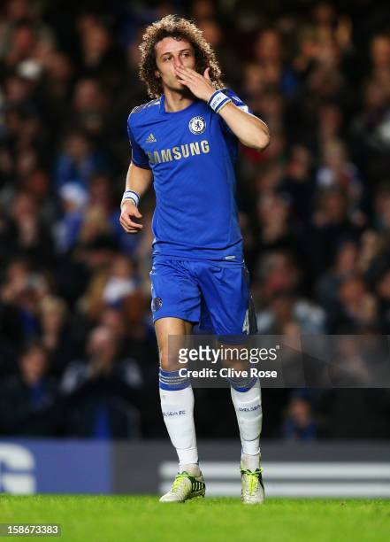 David Luiz of Chelsea celebrates as he scores their second goal during the Barclays Premier League match between Chelsea and Aston Villa at Stamford...