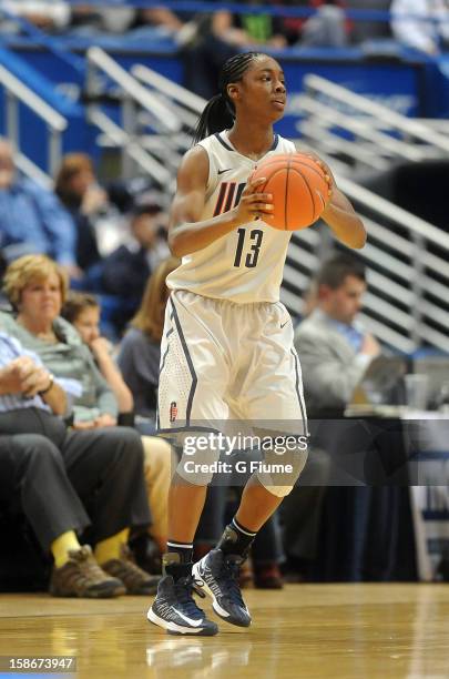 Brianna Banks of the Connecticut Huskies handles the ball against the Maryland Terrapins at the XL Center on December 3, 2012 in Hartford,...