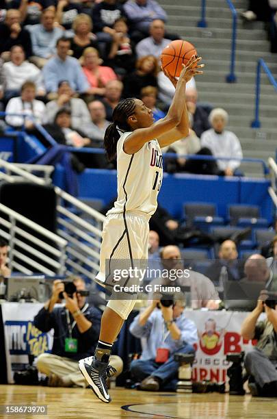 Brianna Banks of the Connecticut Huskies shoots the ball against the Maryland Terrapins at the XL Center on December 3, 2012 in Hartford, Connecticut.