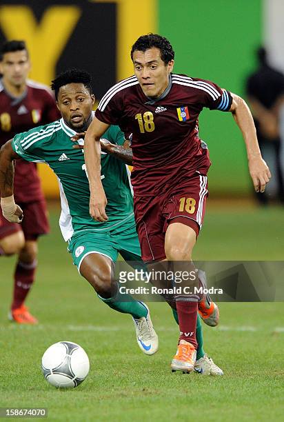 Juan Arango of the Venezuela National Soccer Team in action during an exhibition game against the Nigeria Soccer Teamat Marlins Park on November 14,...
