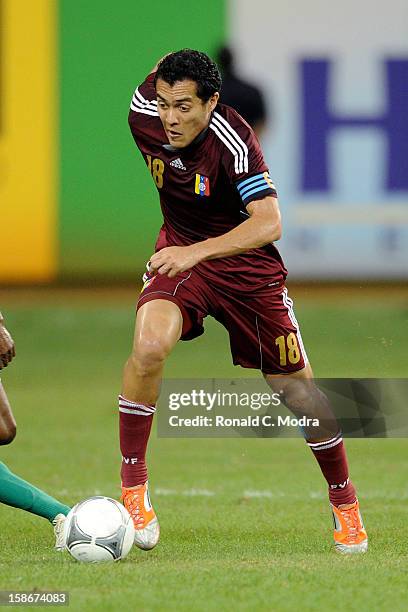 Juan Arango of the Venezuela National Soccer Team in action during an exhibition game against the Nigeria Soccer Teamat Marlins Park on November 14,...