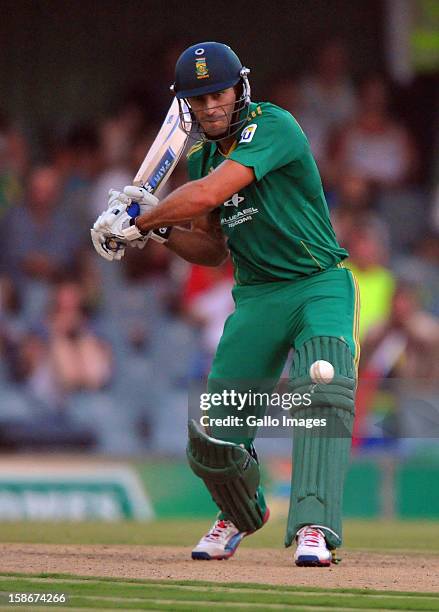 Far du Plessis of South Africa about to drive a delivery during the 2nd T20 match between South Africa and New Zealand at Buffalo Park on December...