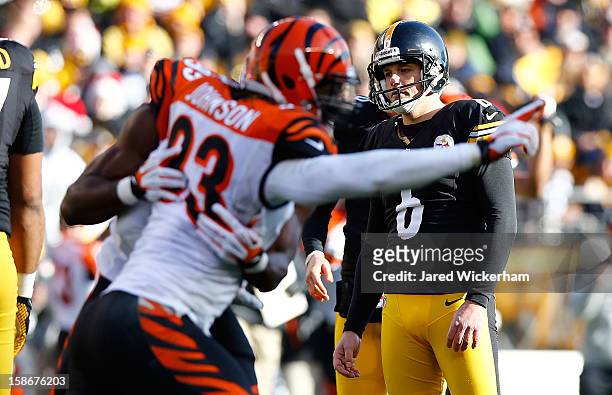 Michael Johnson of the Cincinnati Bengals celebrates after Shaun Suisham of the Pittsburgh Steelers missed a field goal in the second quarter during...