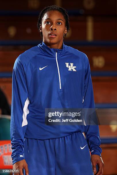 Dia Mathies of the Kentucky Wildcats looks on during warmups before the game against the Pepperdine Waves at Firestone Fieldhouse on December 18,...