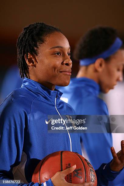 Dia Mathies of the Kentucky Wildcats smiles during warmups before the game against the Pepperdine Waves at Firestone Fieldhouse on December 18, 2012...