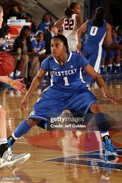 Dia Mathies of the Kentucky Wildcats defends against the Pepperdine Waves at Firestone Fieldhouse on December 18, 2012 in Malibu, California....