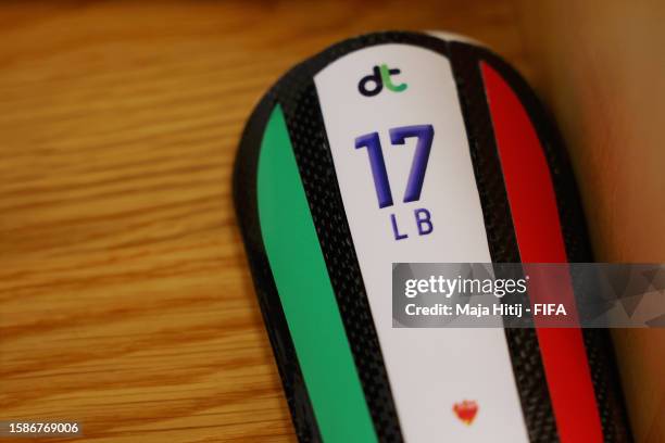 Shin guards worn by Lisa Boattin are displayed in the Italy dressing room prior to the FIFA Women's World Cup Australia & New Zealand 2023 Group G...