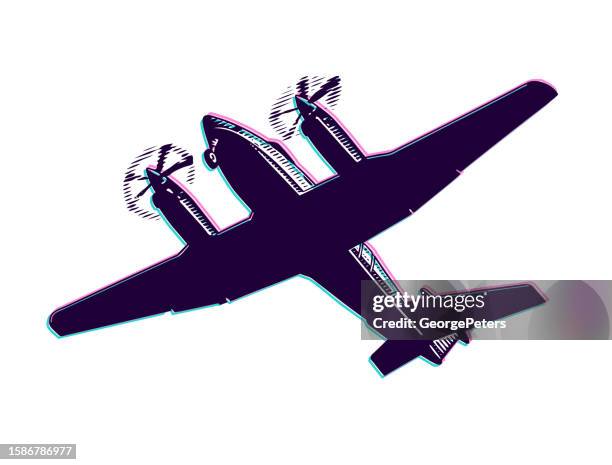twin propeller airplane flying with glitch technique - propeller engine stock illustrations