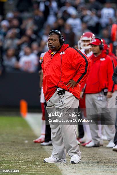 Head coach Romeo Crennel of the Kansas City Chiefs on the sidelines against the Oakland Raiders during the third quarter at O.co Coliseum on December...