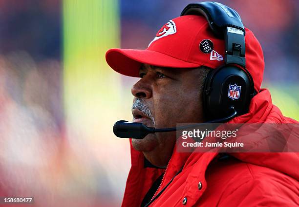 Head coach Romeo Crennel of the Kansas City Chiefs watches from the sidelines during the game against the Indianapolis Colts at Arrowhead Stadium on...