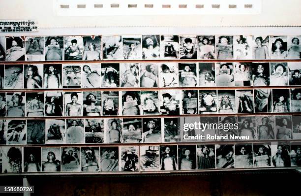 Display of photographs of the victims of prison S-21 as it was known, exhibited at the Tuol Sleng museum. The suspects, including prominent Khmer...