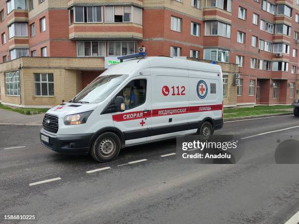 An ambulance is seen after powerful explosion at Sergiyev Posad, Russia on August 09, 2023 A powerful explosion occurred at a plant in the city of...
