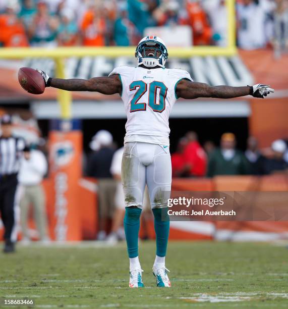 Reshad Jones of the Miami Dolphins celebrates after intercepting a pass by Ryan Fitzpatrick of the Buffalo Bills late in the fourth quarter on...