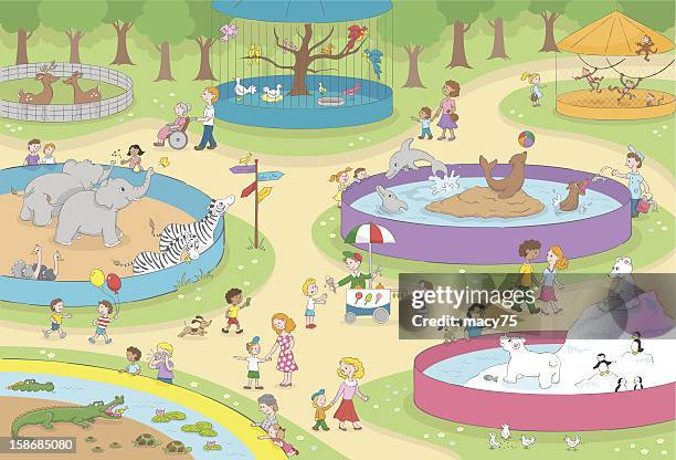 zoo kinder-szene - familie zoo stock-grafiken, -clipart, -cartoons und -symbole