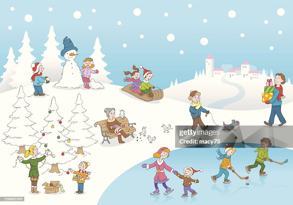 Christmas winterscene kids playing snow