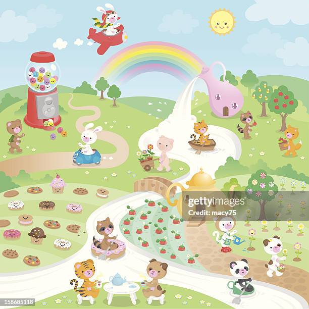 cute kawaii sweet candy paradise and animals - kids at river stock illustrations