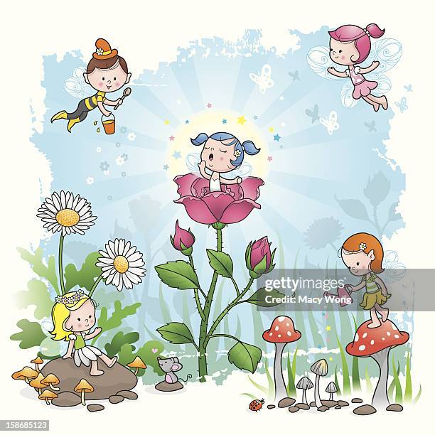 fairy tale morning flower elf - yawning stock illustrations