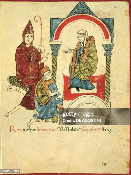 Henry IV of Germany asking for Pope Gregory VII and Matilda of Canossa's forgiveness at the Audience in Canossa in 1077, miniature from Nuova...