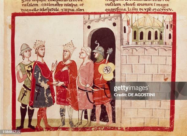 Frederick II of Hohenstaufen reaching an agreement with the Sultan of Jerusalem, miniature from the Chronicles of Giovanni Villani, manuscript, Italy...
