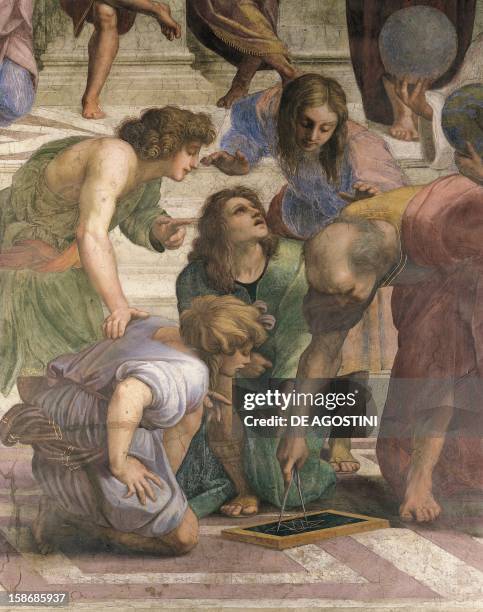 The School of Athens, 1510-1515, fresco by Raphael , detail showing Euclid or Archimedes with students. Room of the Signatura, Palace of the Vatican,...
