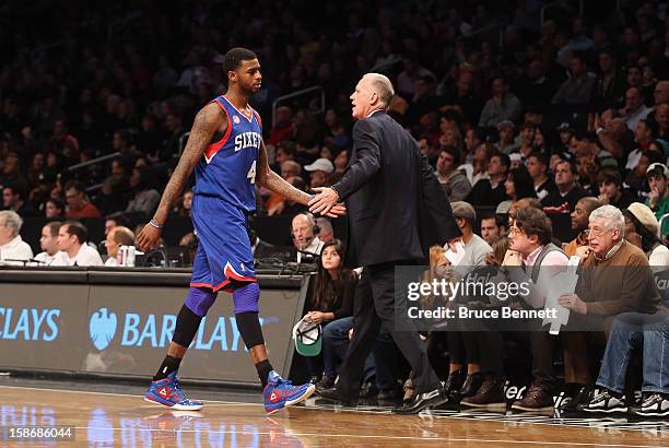 Head coach Doug Collins of the Philadelphia 76ers pulls Dorell Wright late in the fourth against the Brooklyn Nets at Barclays Center on December 23,...