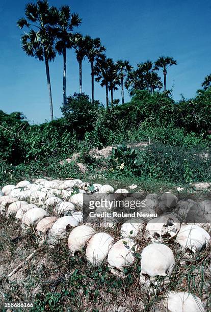 Over ten thousand Cambodian skulls that have been unearthed from mass graves and scattered around the area of Chong Ek for further investigation....