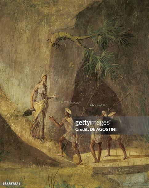 The Land of the giants Laestrygonians, detail of left panel, fresco, 150X396 cm. From Rome, excavations at Via Graziosa. Detail: messengers of...