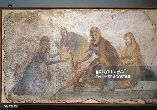 Roman civilization, 2nd century A.D. Scene from a tragedy, 61 x 115 cm. Fresco from Ostia, columbarium of Caecilii, Italy. In Museo Gregoriano...