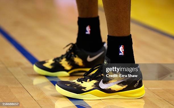 Close up of the Nike shoes Kobe Bryant of the Los Angeles Lakers wears during their game against Golden State Warriors at Oracle Arena on December...