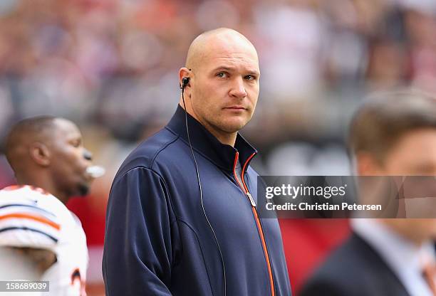 Middle linebacker Brian Urlacher of the Chicago Bears stands on the sidelines during the NFL game against the Arizona Cardinals at the University of...