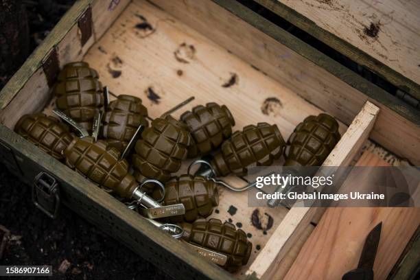 View of the box with hand grenades on March 24, 2023 in Donetsk Oblast, Ukraine.