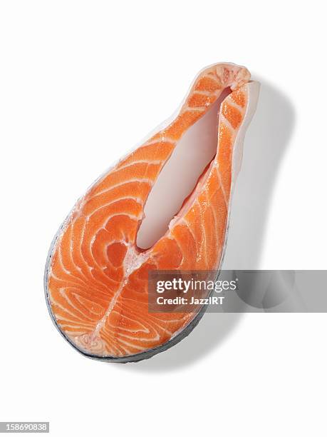 raw salmon steaks (isolated with clipping path over white background) - salmon steak stock pictures, royalty-free photos & images