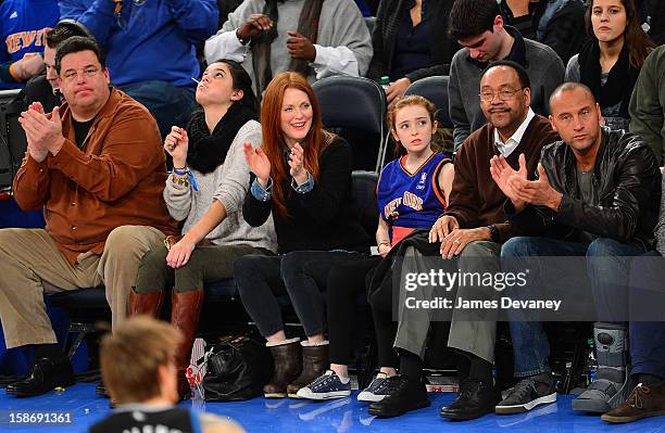 Steve Schirripa, guest, Julianne Moore, Liv Helen Freundlich, Sanderson Jeter and Derek Jeter attend the Minnesota Timberwolves vs New York Knicks...