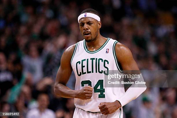 Celtics forward Paul Pierce reacts after hitting a 3-pointer in the third quarter - he had a game-high 40 points, and was 6 of 7 from behind the arc...