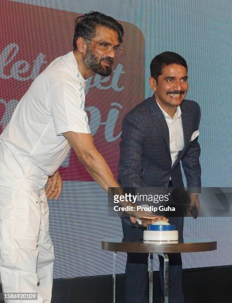 Suniel Shetty and Vishwas Nangare Patil attend the Launch of Online Mental Health app 'Lets get Happy' on August 02, 2023 in Mumbai, India