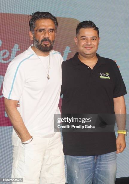 Suniel Shetty and Manun Thakur attend the Launch of Online Mental Health app 'Lets get Happy' on August 02, 2023 in Mumbai, India