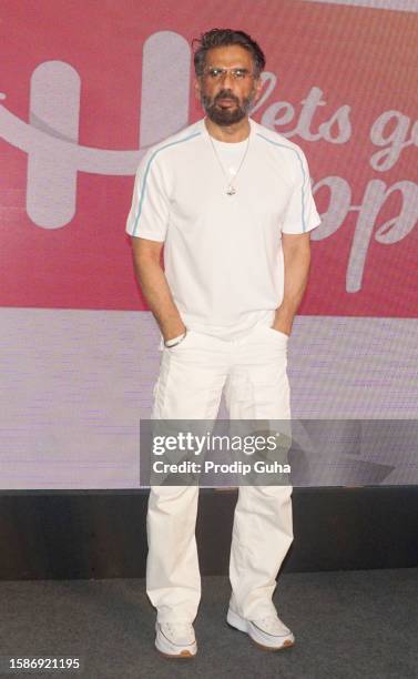 Suniel Shetty attends the Launch of Online Mental Health app 'Lets get Happy' on August 02, 2023 in Mumbai, India