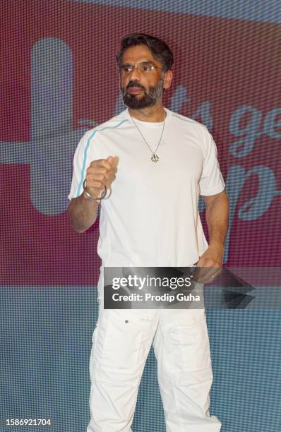 Suniel Shetty attends the Launch of Online Mental Health app 'Lets get Happy' on August 02, 2023 in Mumbai, India