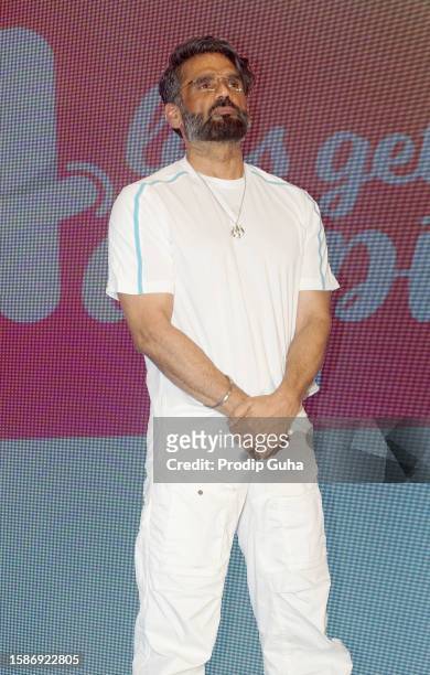 Suniel Shetty attends the Launch of Online Mental Health app 'Lets get Happy' on August 02, 2023 in Mumbai, India
