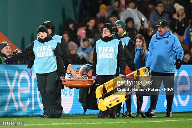 Florencia Bonsegundo of Argentina is stretchered off the pitch after an injury during the FIFA Women's World Cup Australia & New Zealand 2023 Group G...